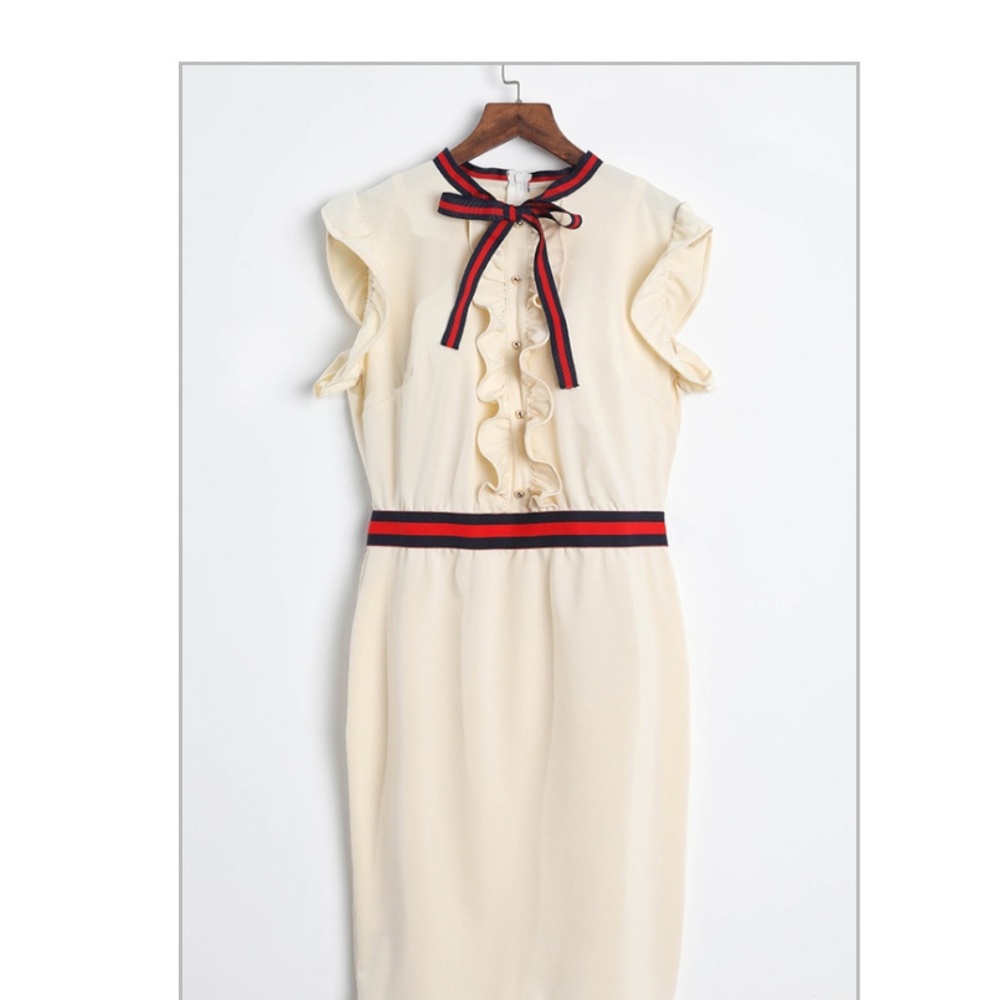 Cream Ruffle Tie-Neck Sheath Dress - Picture 4 of 5